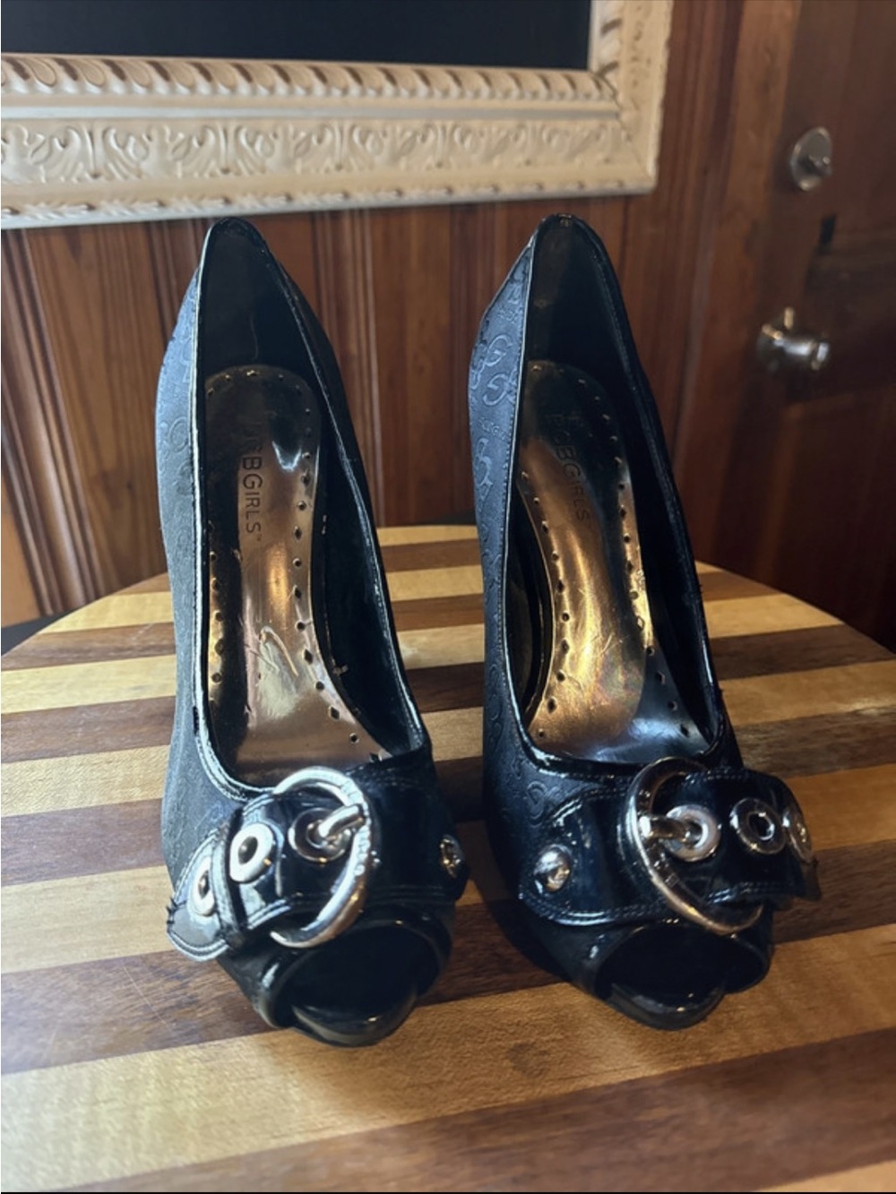 BCBGirls Black Peep-Toe Heels with Buckle Detail Sz.8